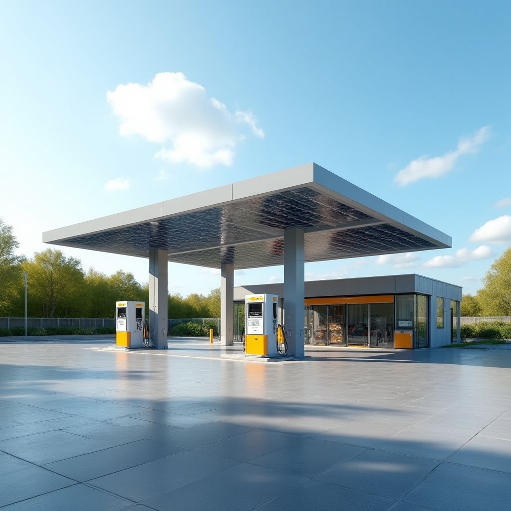 Estación de servicio con paneles solares en el techo