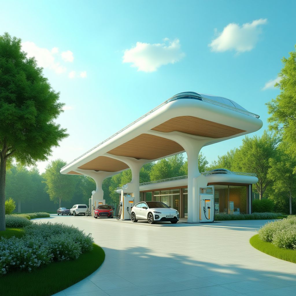 Visión futurista de una estación de servicio ecológica